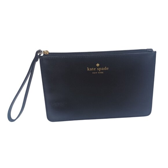 NWOT New Kate Spade Leather Wristlet Clutch Zipper Pouch Black and Gold - Picture 2 of 8